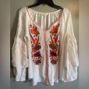 Solitaire White Peasant Blouse with Colorful Floral Embroidery bell sleeves L